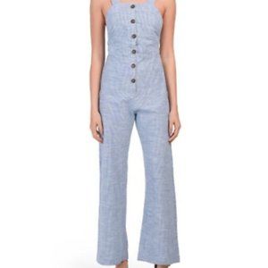 Japna Blue White Stripe Wide Leg Button Front Jumpsuit